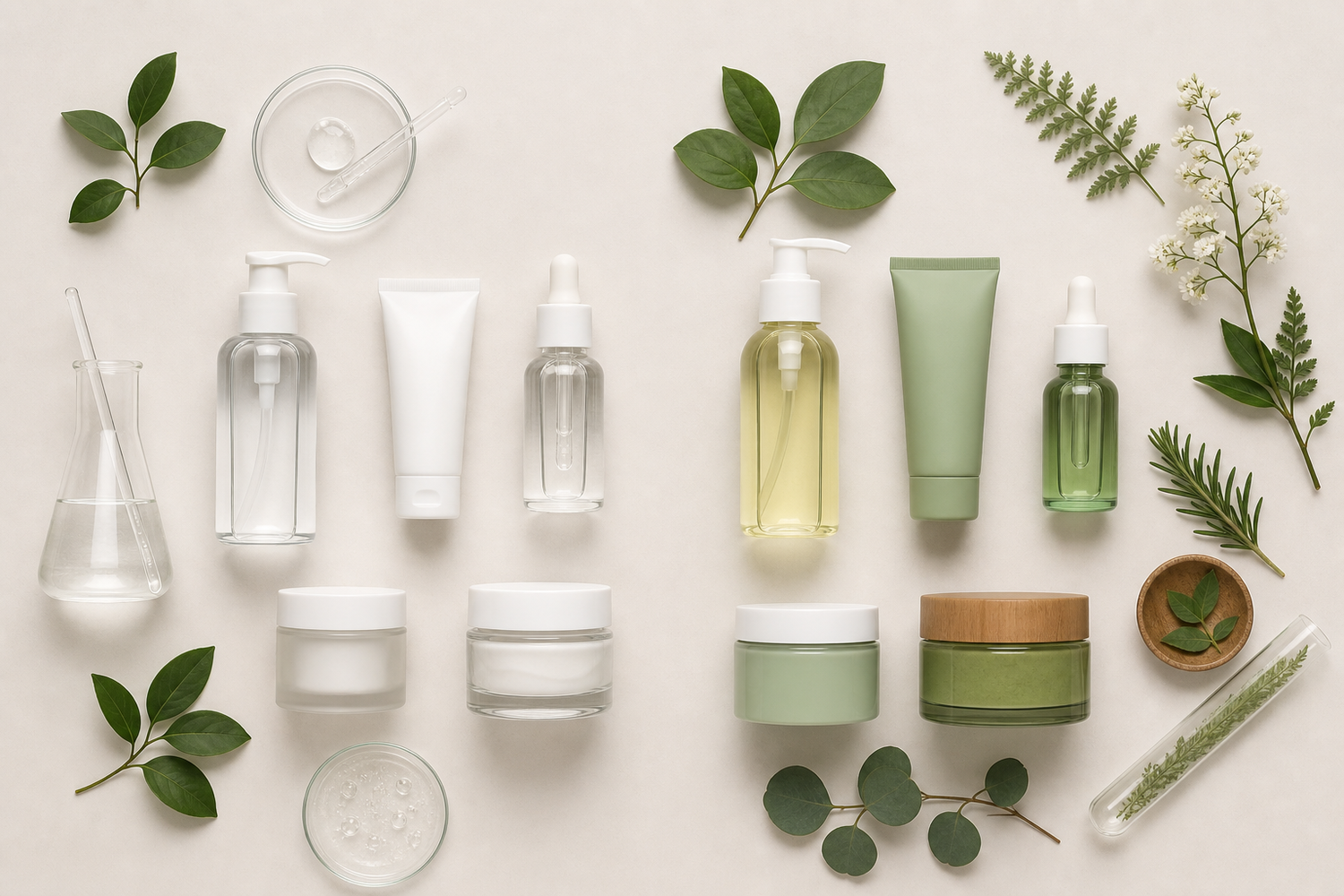 Skincare bottles and jars arranged with botanical leaves to illustrate clean skincare and natural skincare
