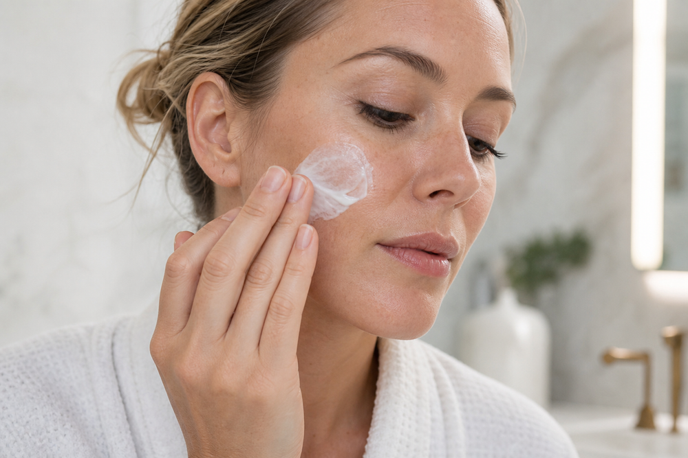 Person applying moisturizer to dry facial skin in a bathroom mirror