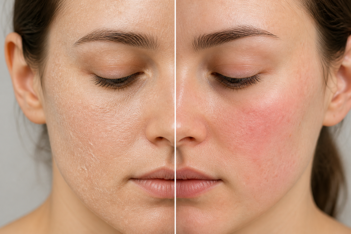 Close-up of facial skin showing dry flaky texture on one side and mild redness on the other side