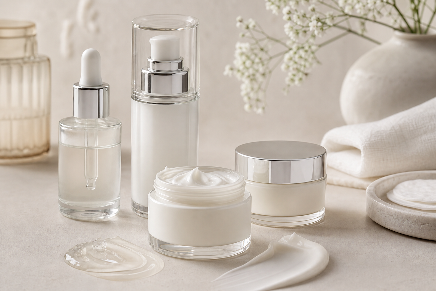 Sensitive skin face care products arranged on a light vanity with cream and serum textures.