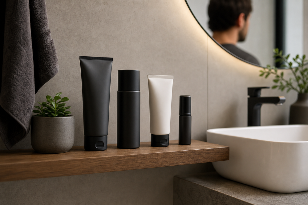 Four men's facial skincare products arranged beside a bathroom sink: cleanser, moisturizer, sunscreen, and one targeted treatment.