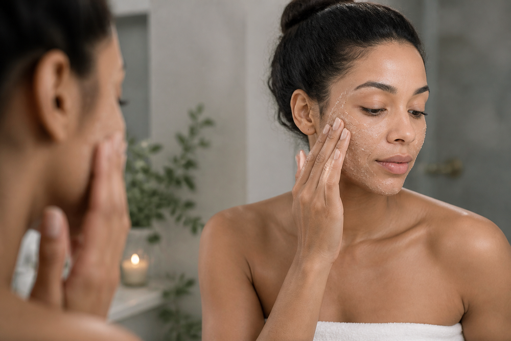 Person applying facial exfoliant to the cheek in a softly lit bathroom