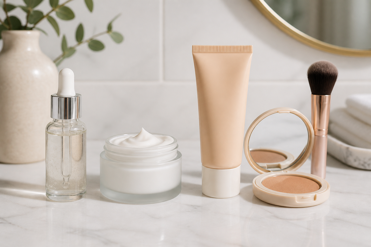 Serum, moisturizer, sunscreen, and makeup arranged in morning skincare order on a counter.