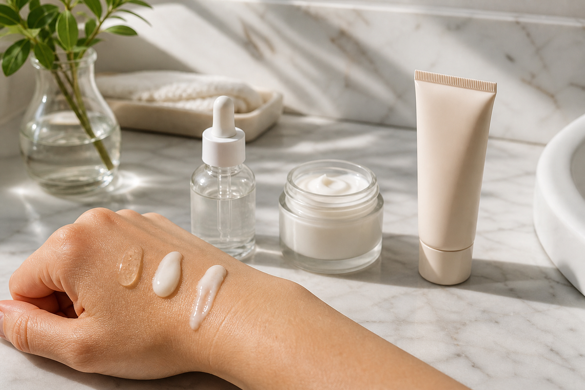 Skincare products layered in thin amounts beside a sunscreen and moisturizer on a clean bathroom counter.