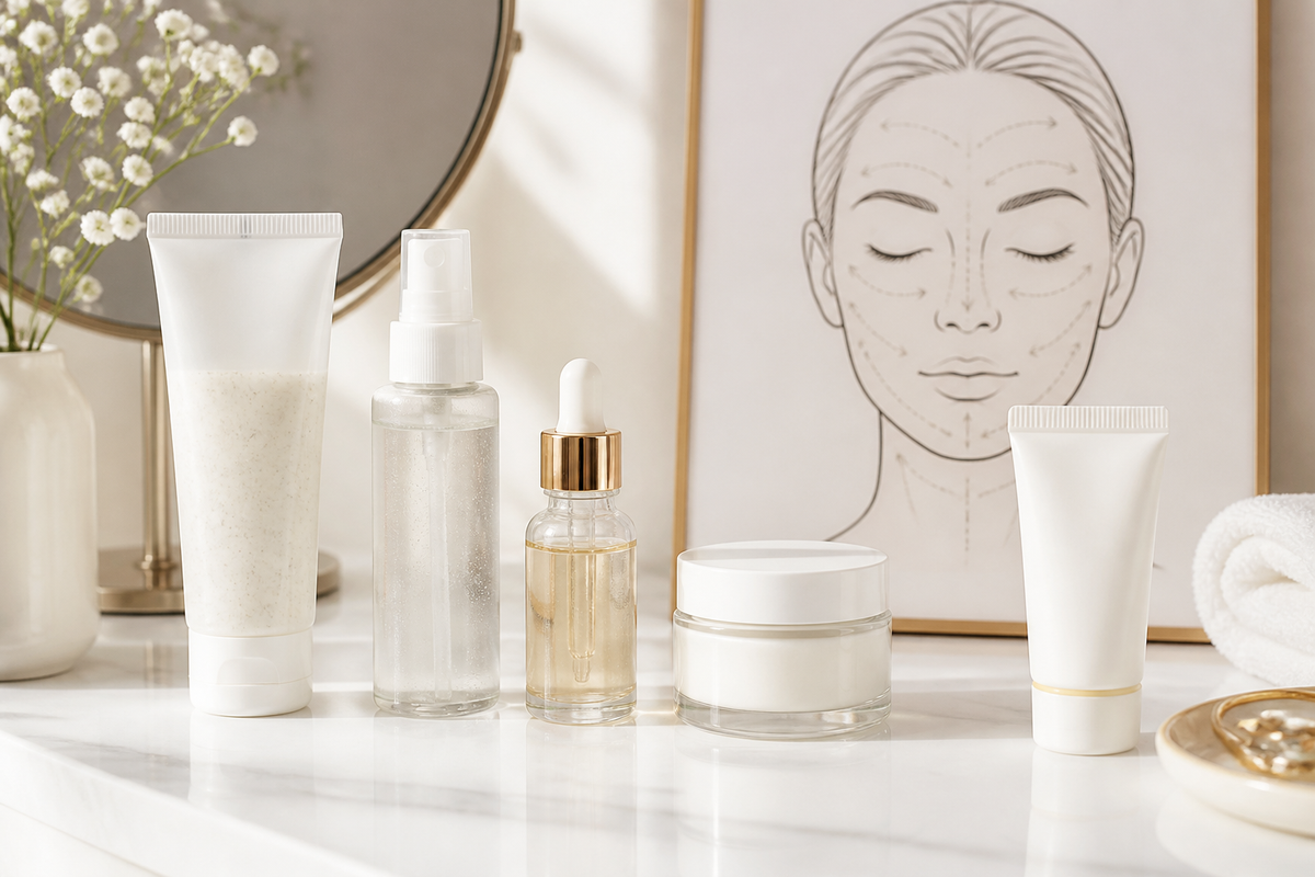 Skincare products arranged in morning and evening order beside a clear-skinned face chart