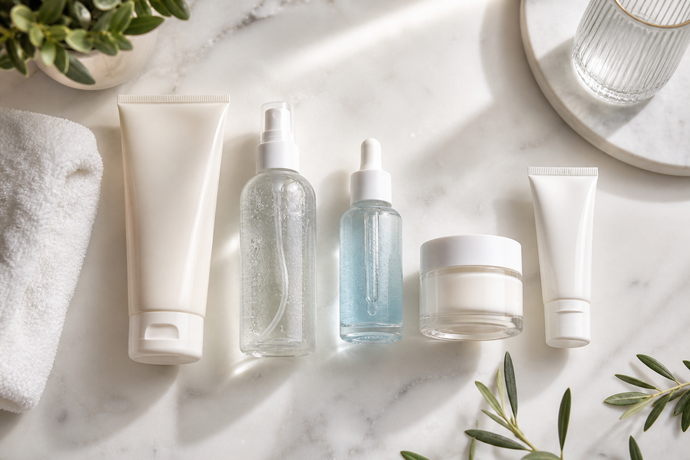 Gentle cleanser, facial mist, serum, moisturizer, and sunscreen arranged on a light counter