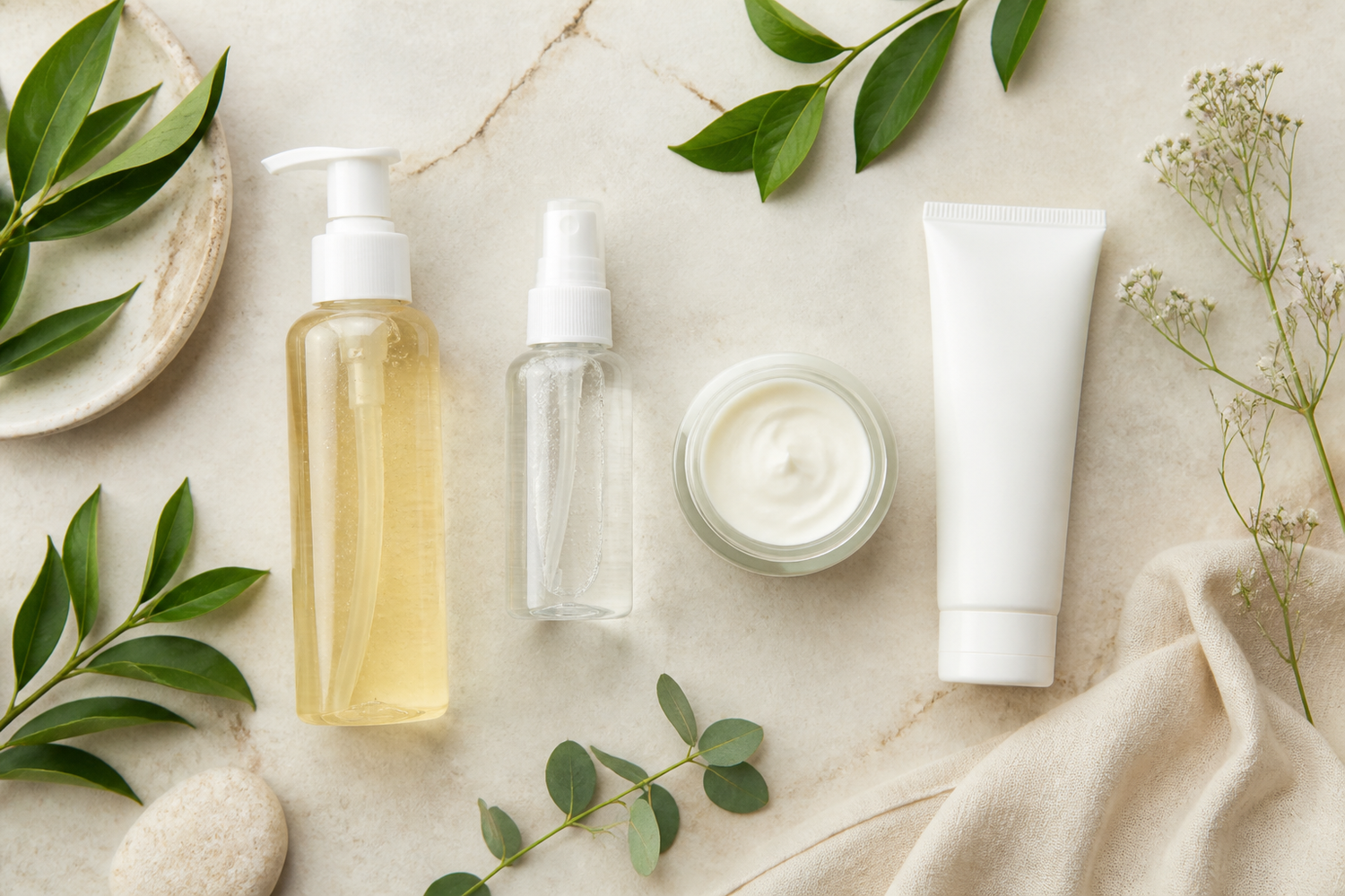 Clean skincare products arranged with botanical leaves on a light surface