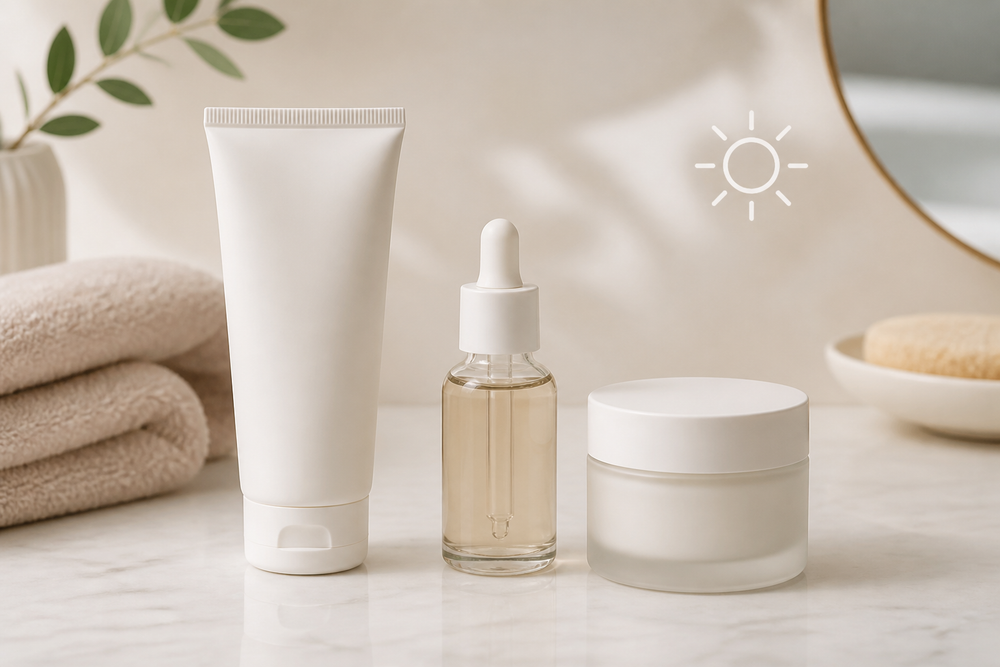 Three skincare products arranged on a bathroom counter: cleanser, serum, and moisturizer.