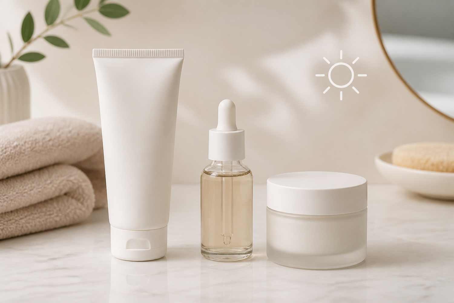 Three skincare products arranged on a bathroom counter: cleanser, serum, and moisturizer.