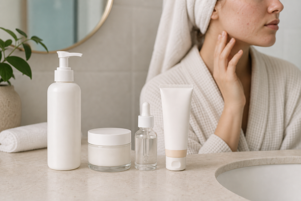 Gentle cleanser, serum, moisturizer, and sunscreen arranged on a bathroom counter for an acne-prone skincare routine.