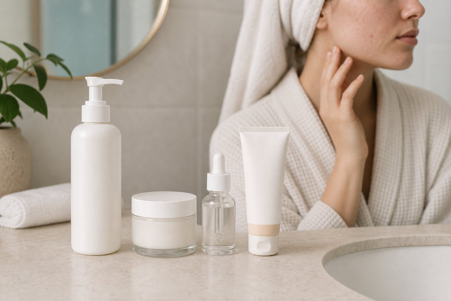Gentle cleanser, serum, moisturizer, and sunscreen arranged on a bathroom counter for an acne-prone skincare routine.