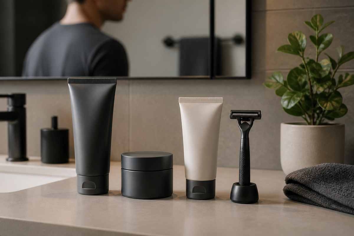 Facial cleanser, moisturizer, sunscreen, and a razor arranged on a bathroom counter.