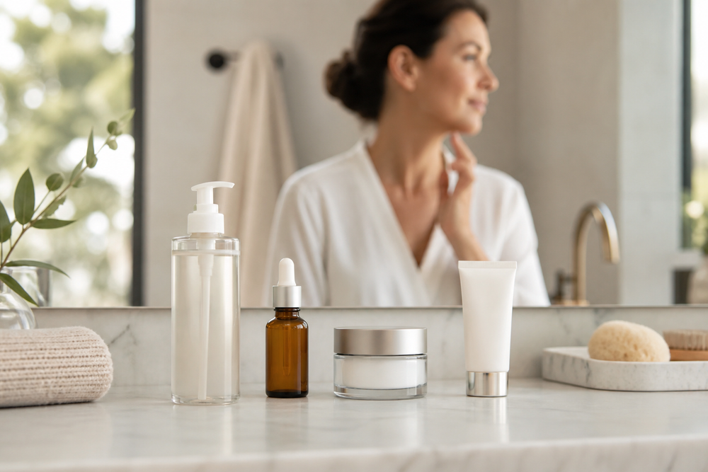 Skincare products including cleanser, serum, moisturizer, and sunscreen arranged on a bathroom counter.