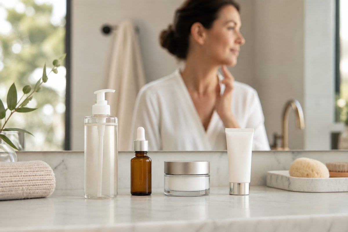 Skincare products including cleanser, serum, moisturizer, and sunscreen arranged on a bathroom counter.