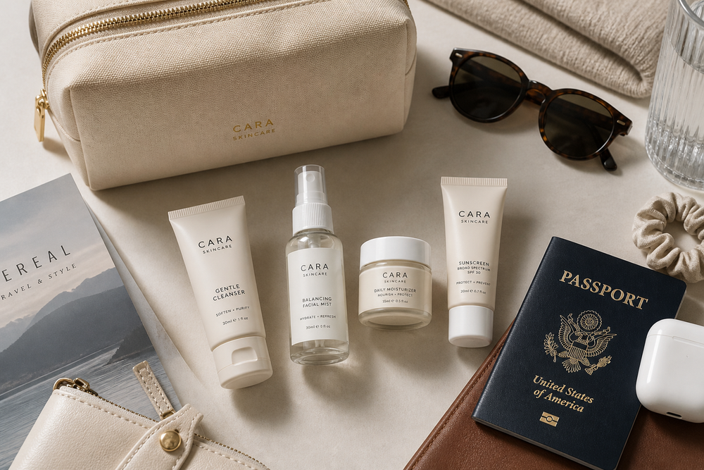 Travel skincare products arranged beside a passport and toiletry pouch