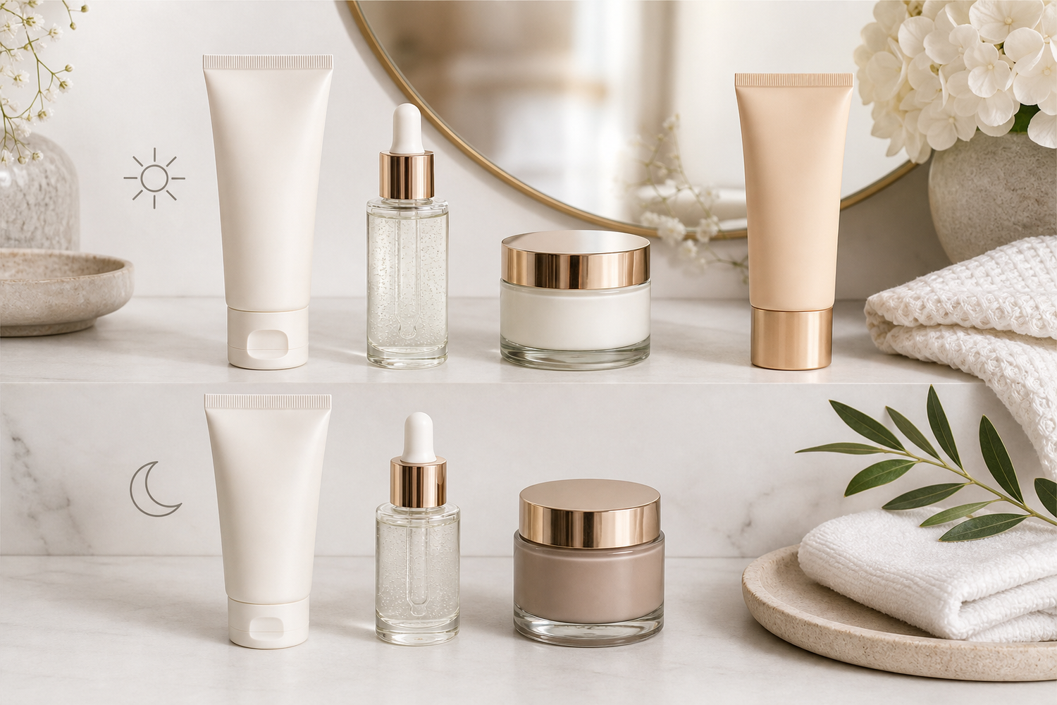 Cleanser, serum, moisturizer, and sunscreen arranged on a light vanity surface.