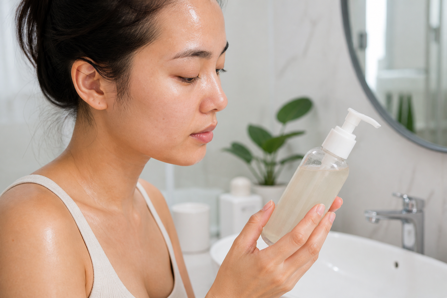 Person holding a facial cleanser near a bathroom sink with skincare products nearby