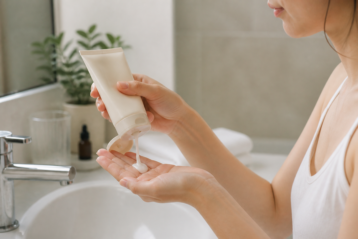 Creamy facial cleanser dispensed into hands beside a bathroom sink