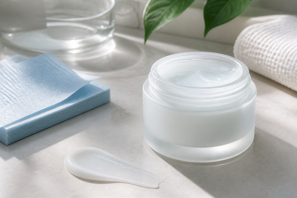 Lightweight facial moisturizer with gel-cream texture styled on a clean bathroom surface for oily skin care