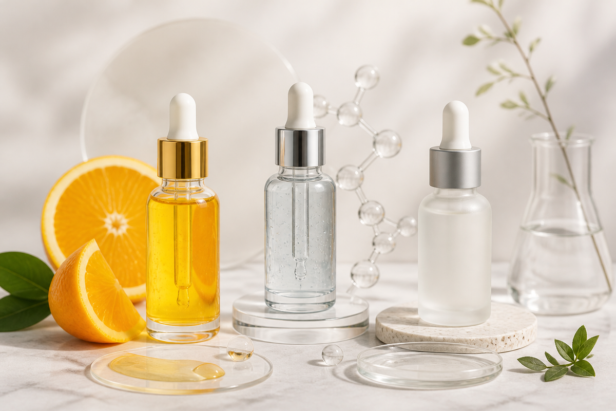 Three serum bottles beside ingredient callouts for peptides, vitamin C, and exfoliating acids on a clean neutral background.