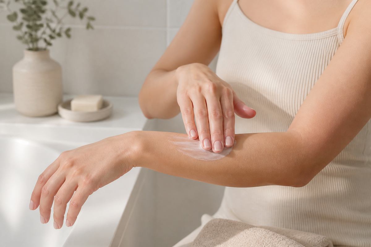 Person applying body lotion to the forearm in a bright bathroom.