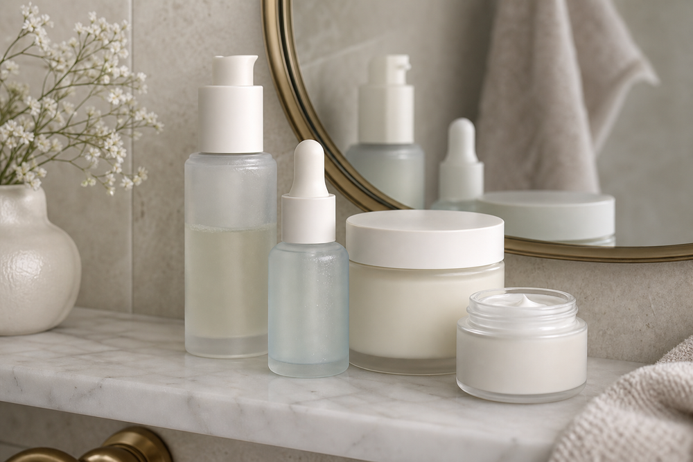 Skincare bottles and jars on a bathroom shelf with soft lighting