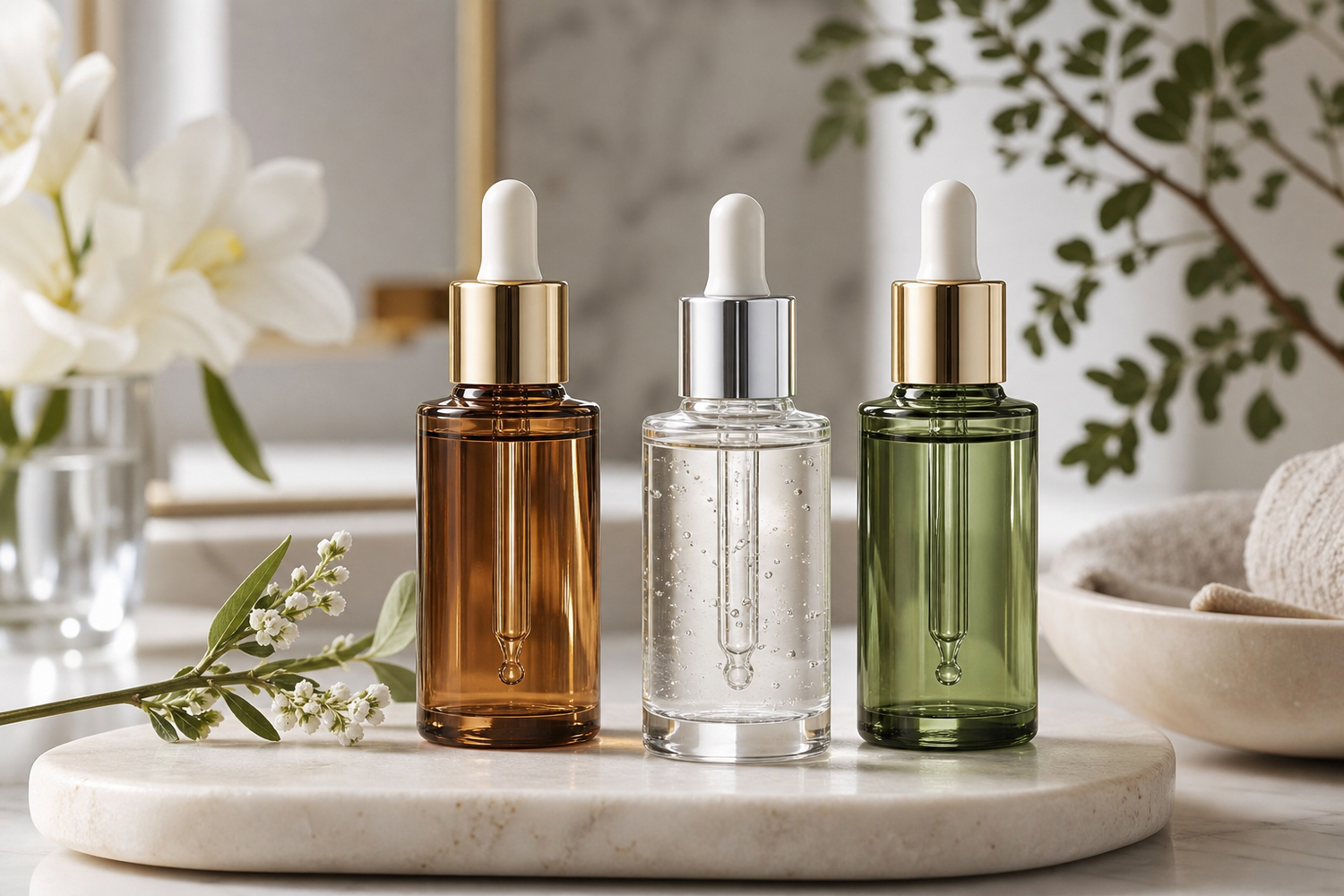 Three facial serum bottles with droppers on a light stone surface in soft natural lighting