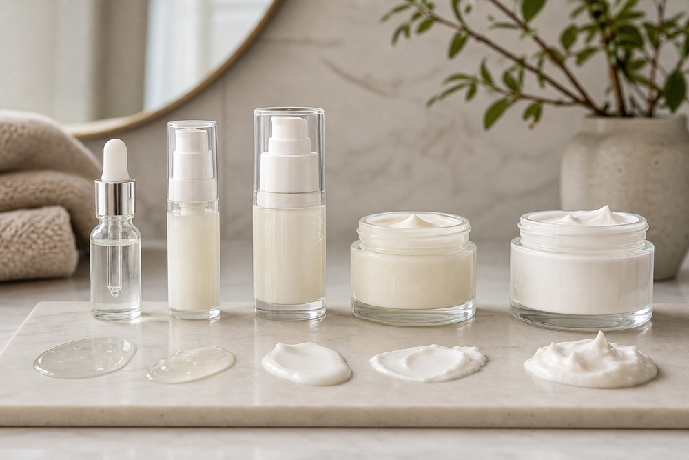 Unlabeled face moisturizers in different textures from fluid to rich cream on a bathroom counter