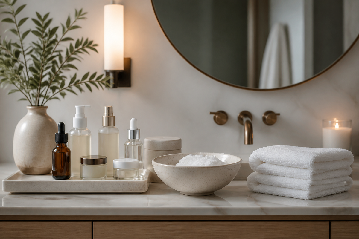 Skincare products, towels, and a bowl arranged on a bathroom counter for an at-home facial