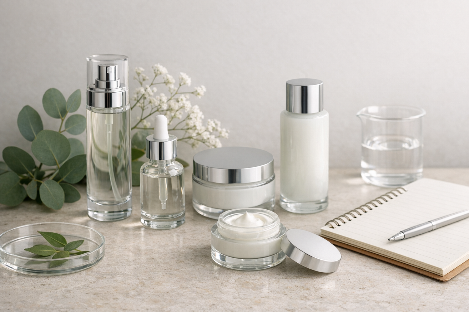 Skincare bottles and jars on a light counter with botanical elements and a notebook