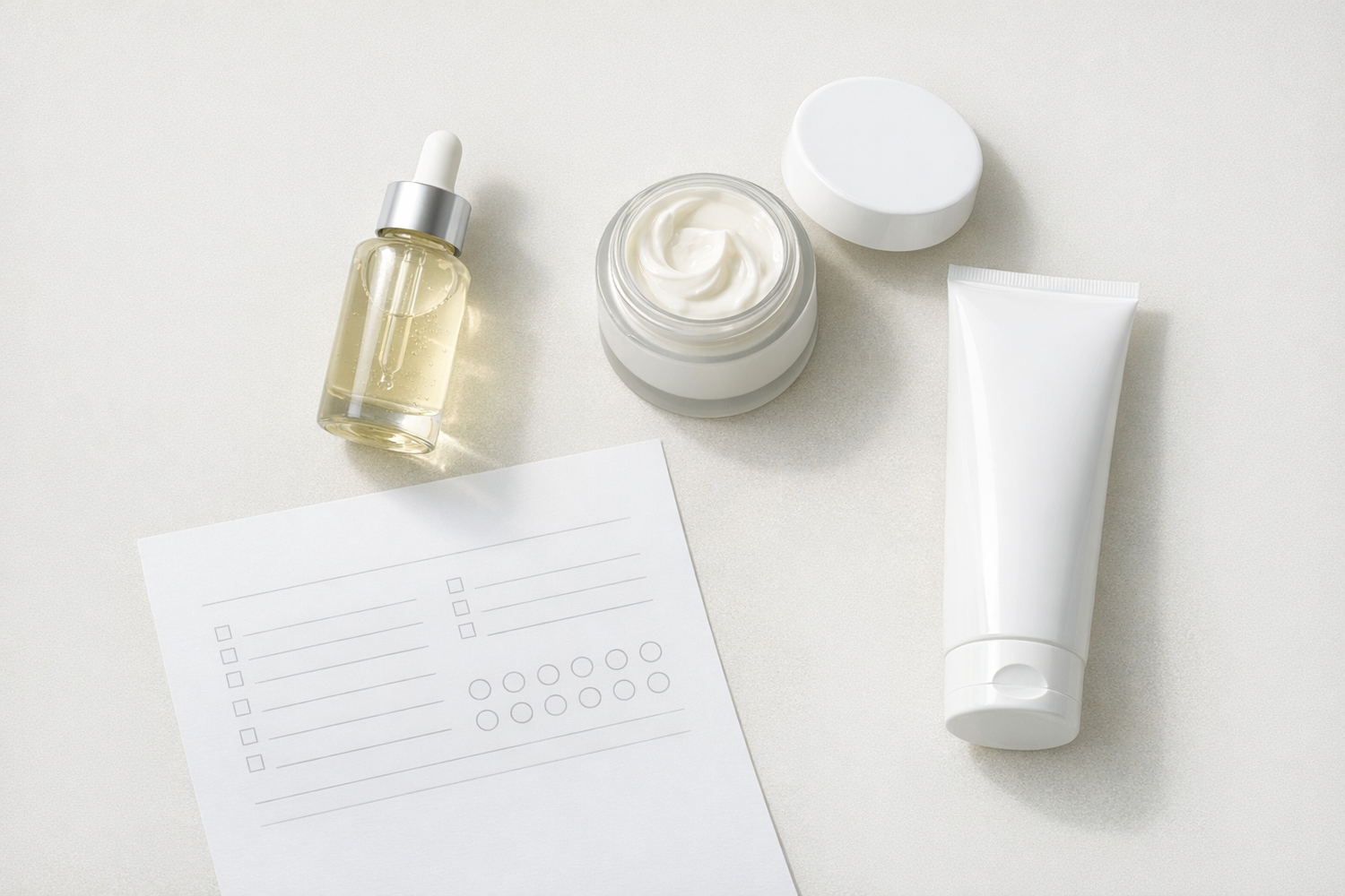 Skincare products arranged beside a skin assessment form on a light surface