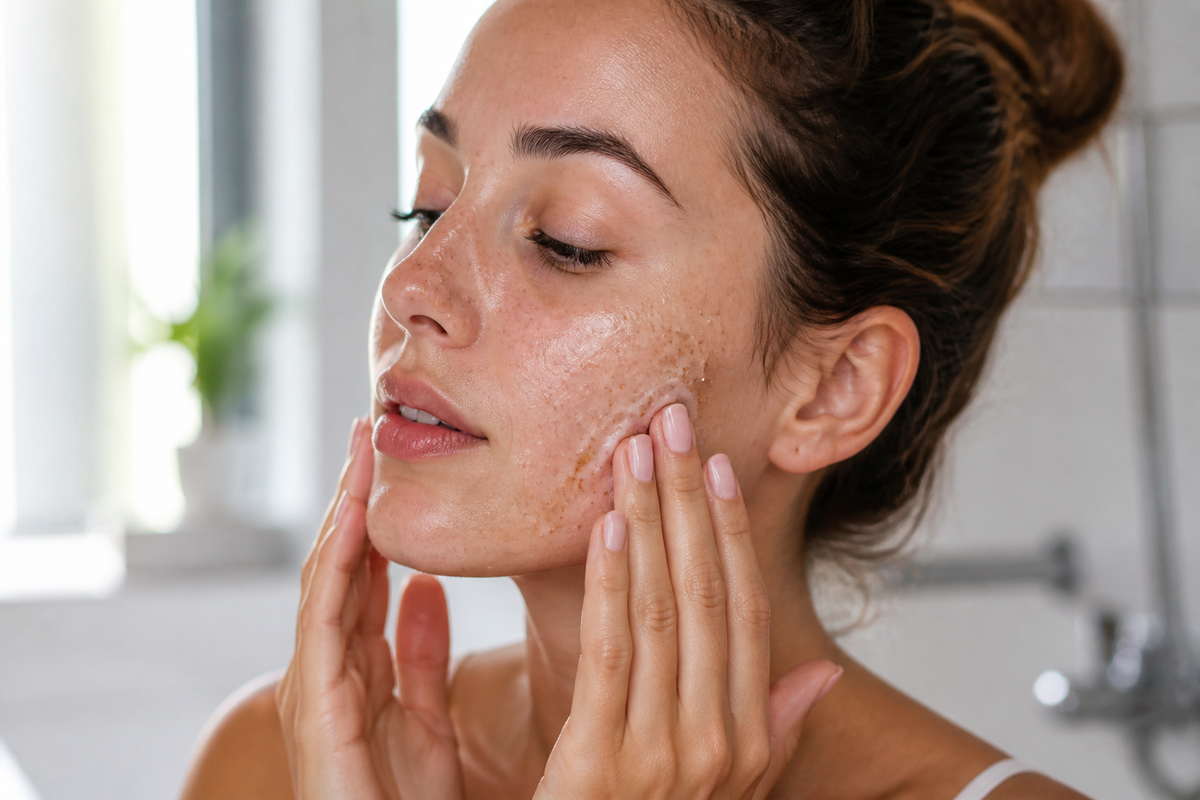Person applying a gentle facial exfoliant to the cheek with fingertips in soft bathroom light