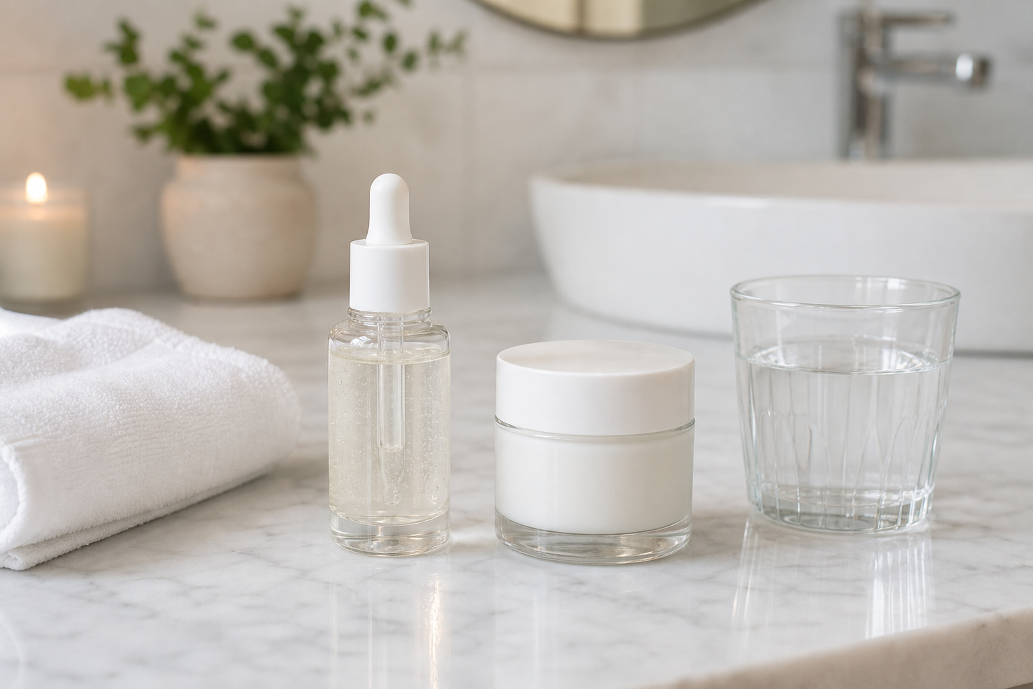 Lightweight serum and moisturizer on a bathroom counter with a folded towel