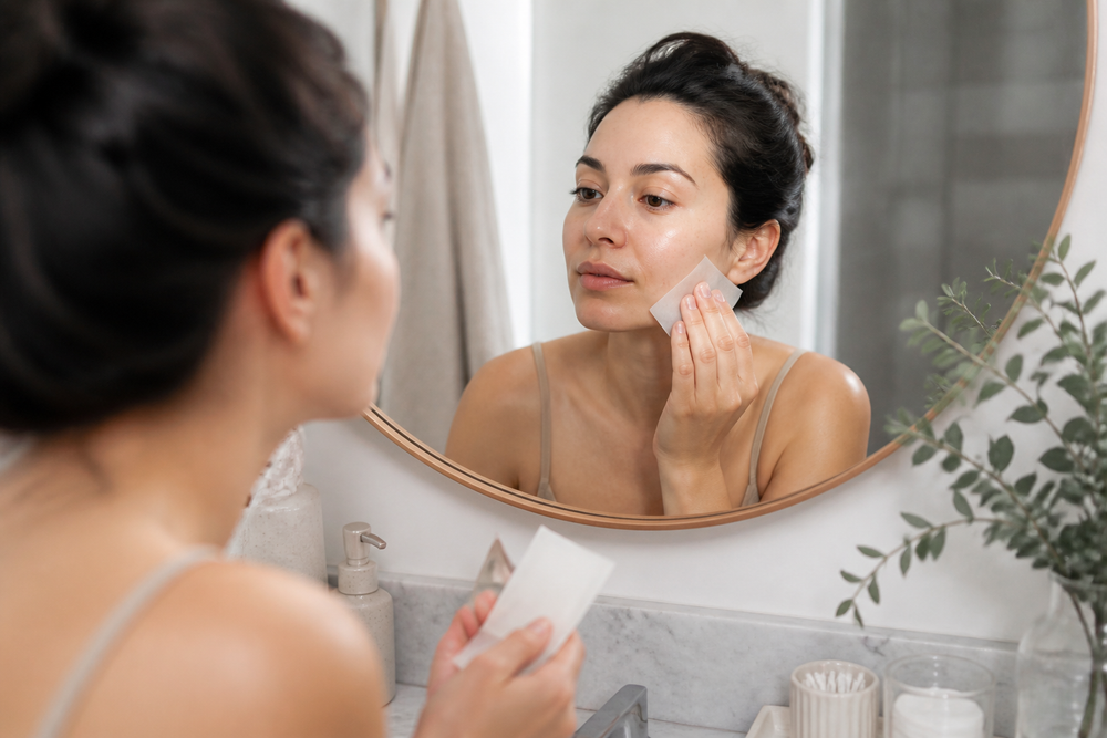 Person examining bare facial skin in a mirror at home with blotting paper on the counter