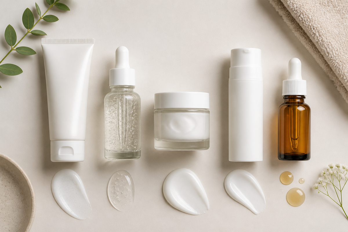 Skincare products arranged in layering order with cleanser, serum, moisturizer, and sunscreen on a neutral surface.