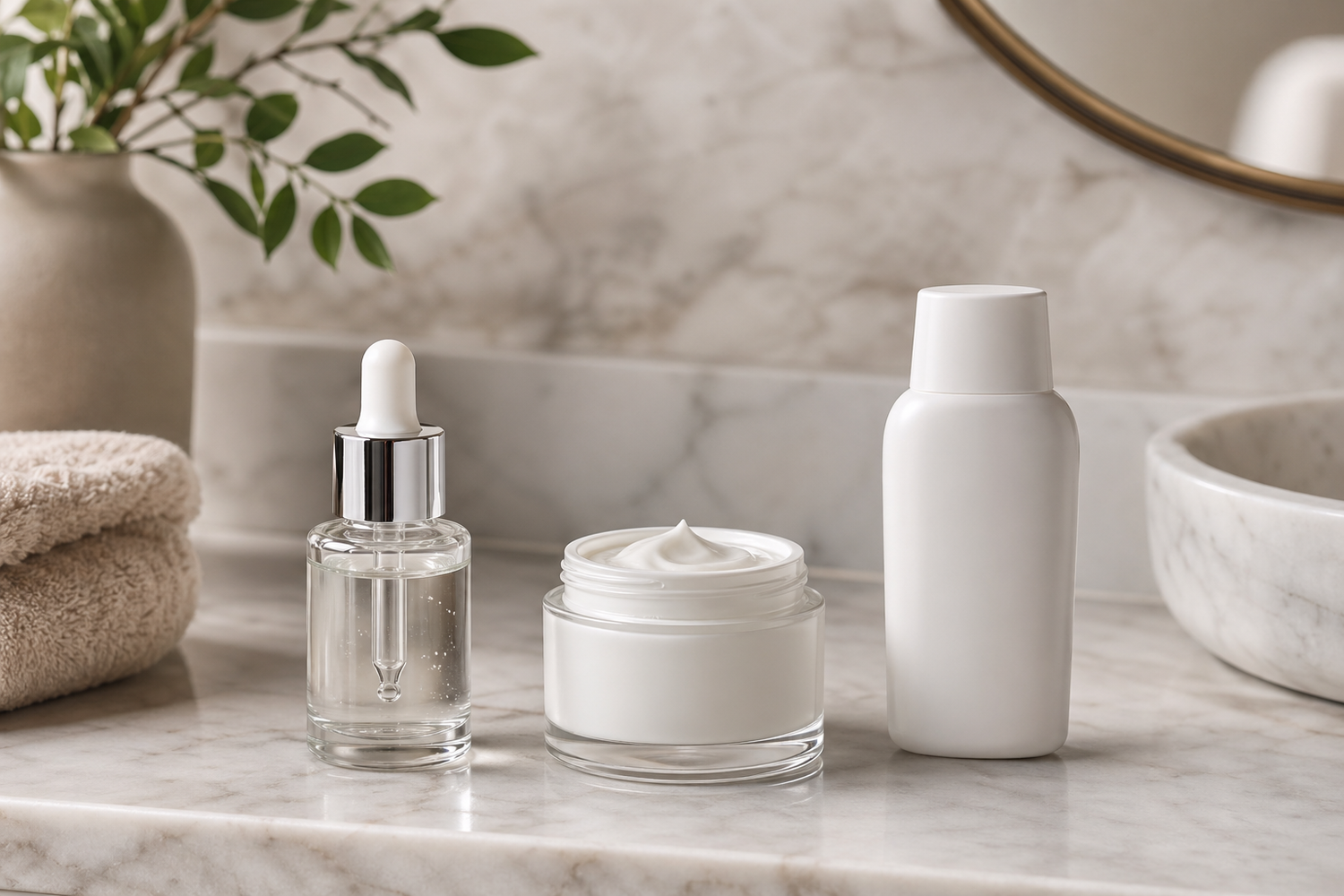 Serum bottle, moisturizer jar, and sunscreen bottle arranged in order on a bathroom counter