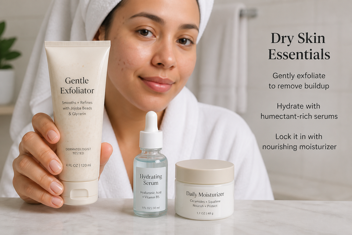 A person holding a facial exfoliator next to a serum and moisturizer on a bathroom counter.