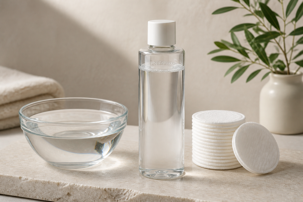 A hydrating toner bottle with cotton pads on a light surface.