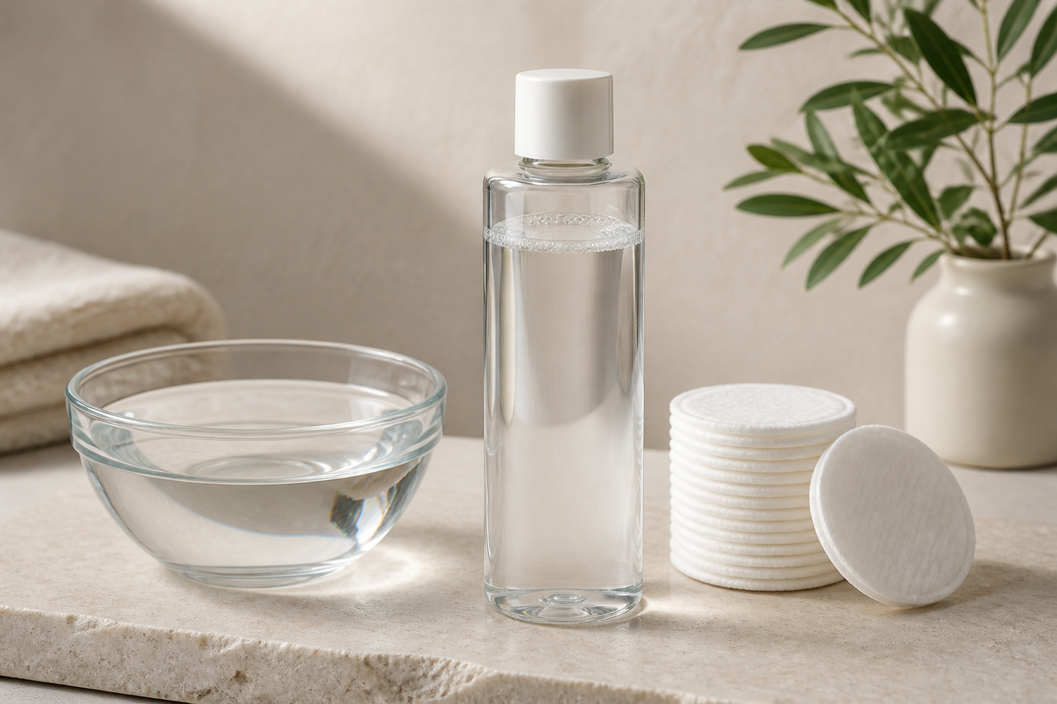 A hydrating toner bottle with cotton pads on a light surface.