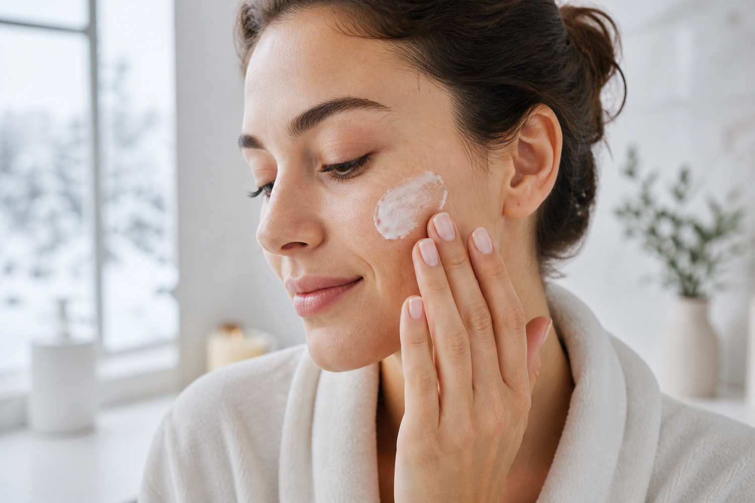 Person applying face moisturizer in a bathroom during winter.