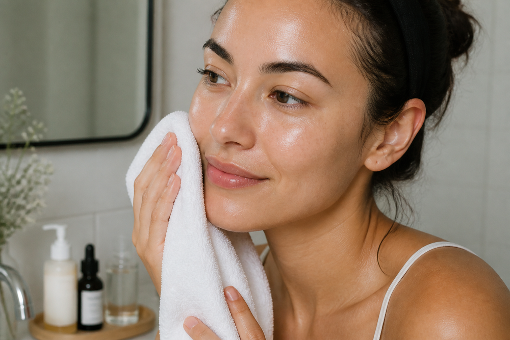 Person gently patting their face dry after cleansing in a bathroom with skincare products on the counter