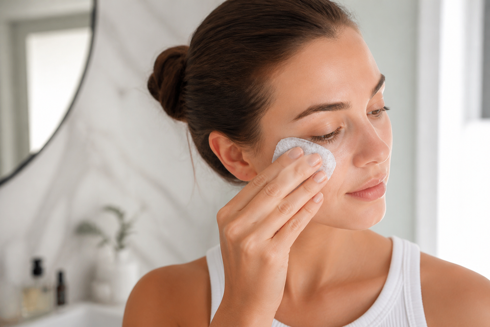 Person holding a cool compress under the eye in soft bathroom lighting