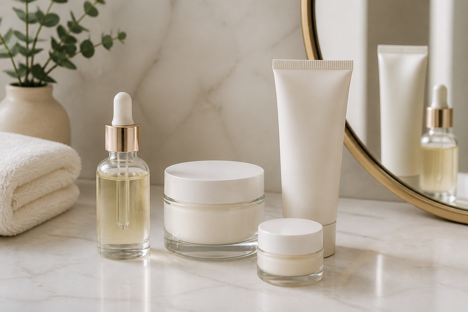 Serum, moisturizer, sunscreen, and eye cream arranged on a bathroom counter.