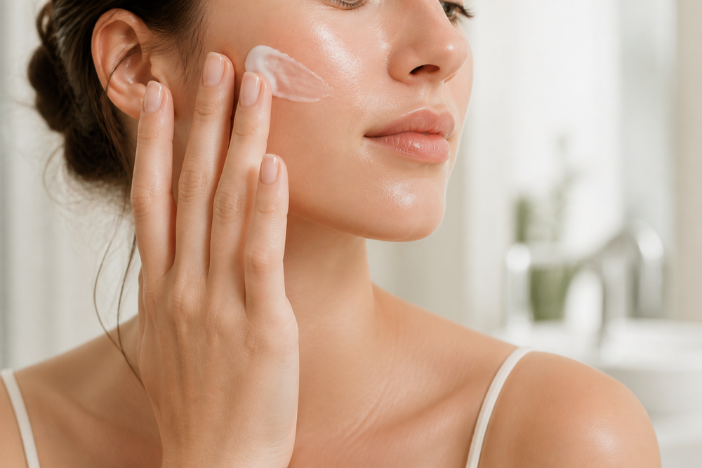 Person applying moisturizer to clean facial skin in soft natural light