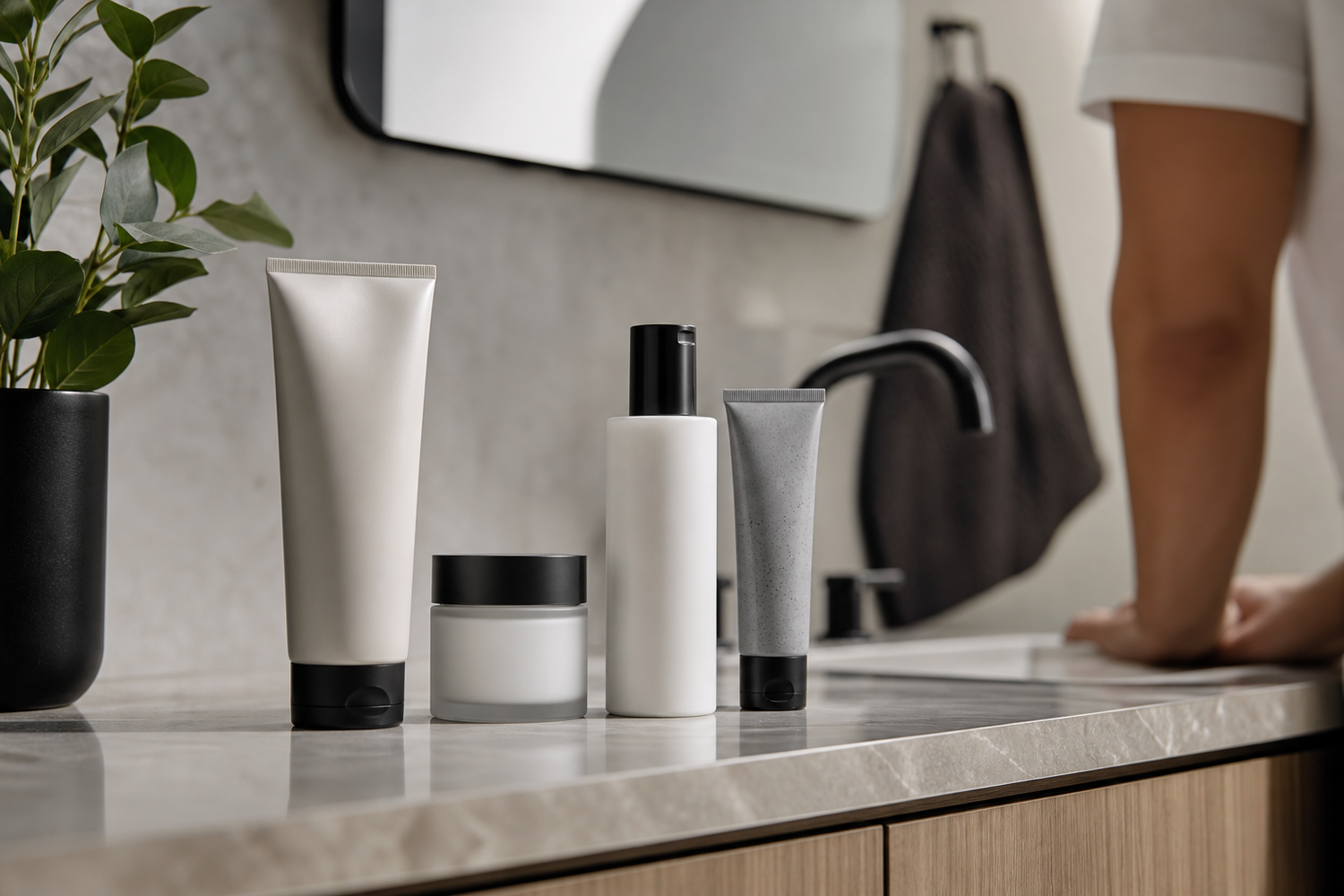 Men's skincare products including cleanser, moisturizer, sunscreen, and exfoliator arranged on a bathroom counter