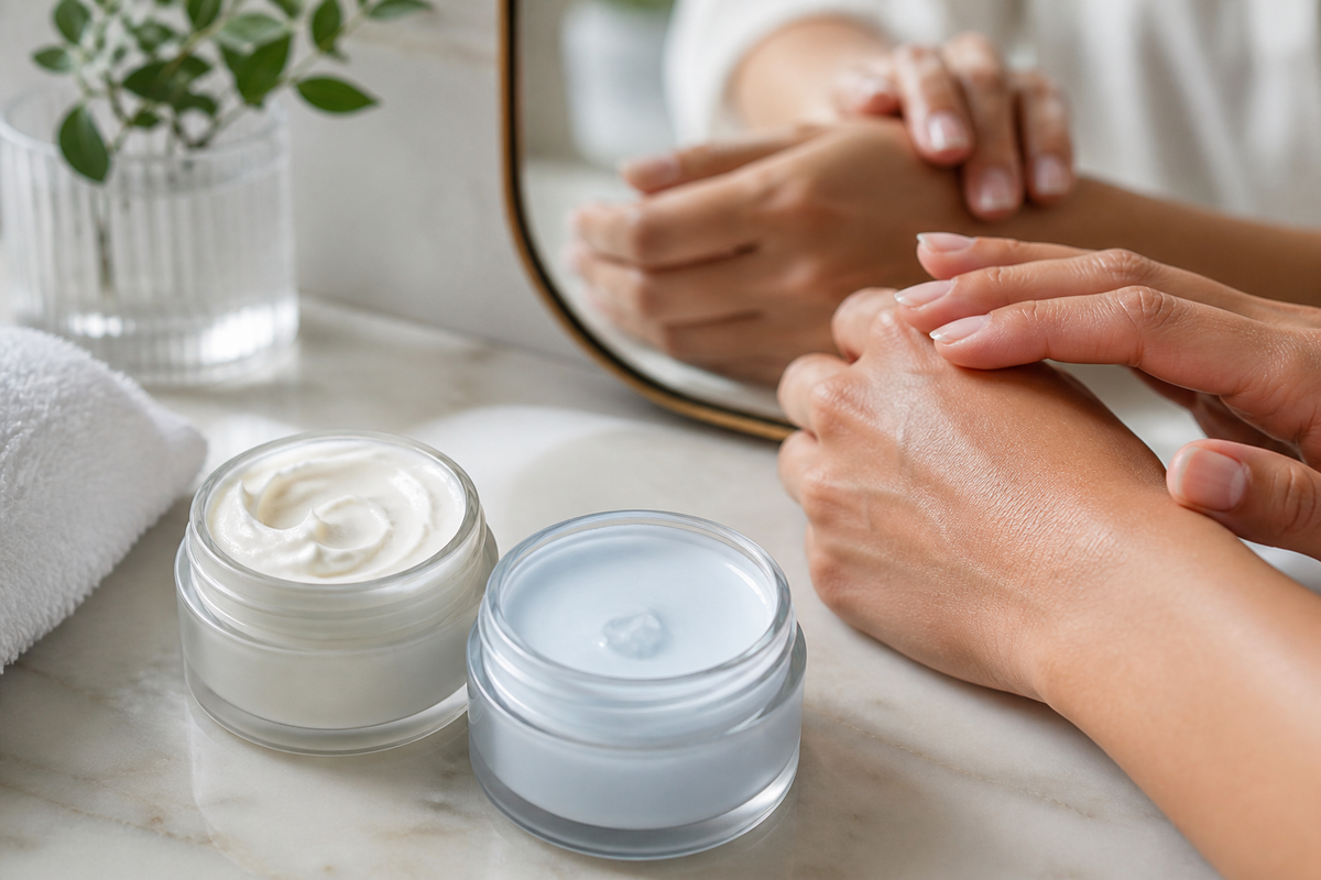 Two facial moisturizers with different textures, one rich cream and one lightweight fluid, on a bathroom counter.