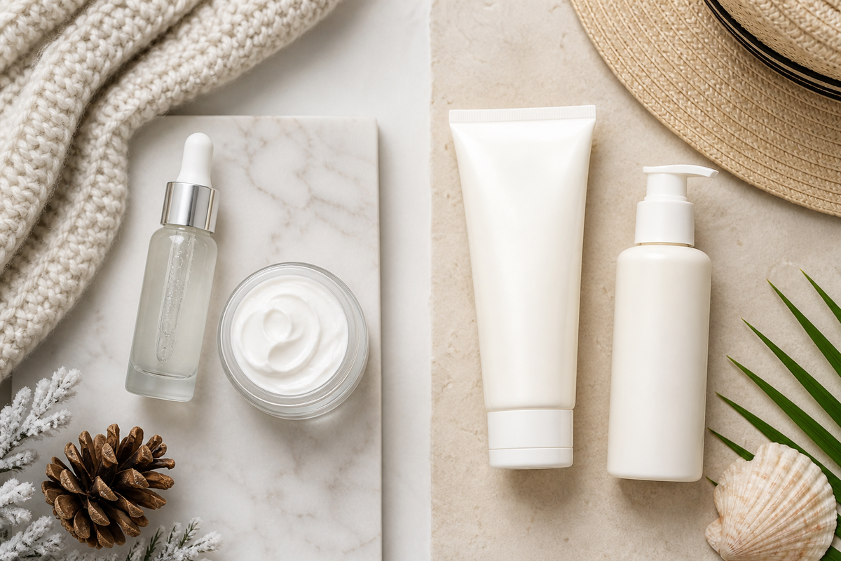Skincare products arranged to show lighter warm-weather formulas and richer cold-weather formulas.