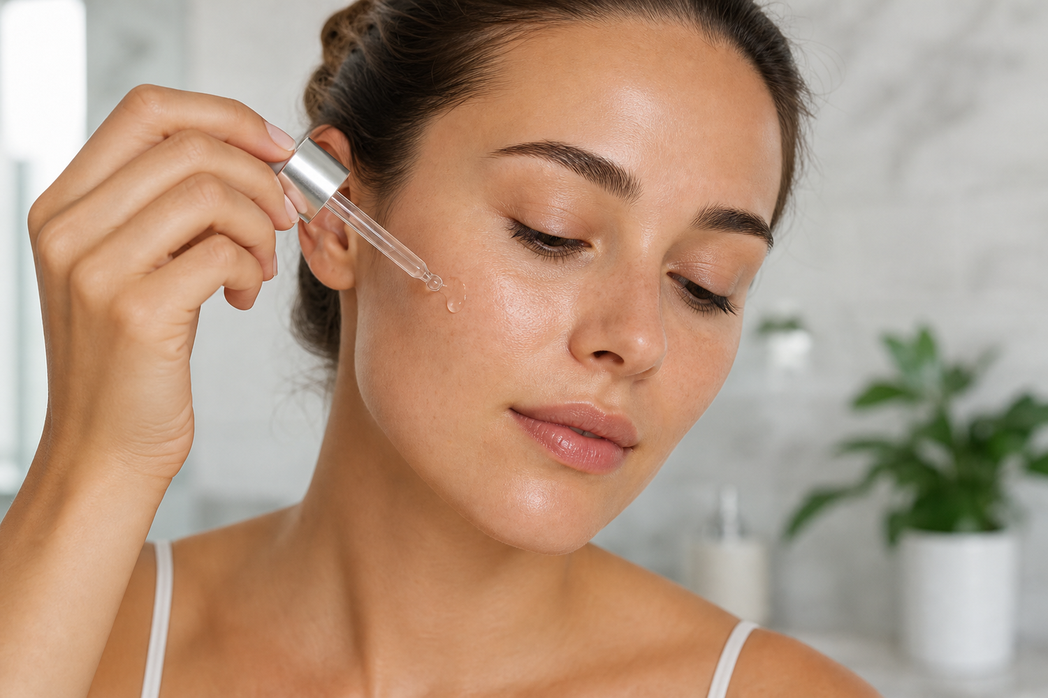 Person applying facial serum to the cheek in soft natural light