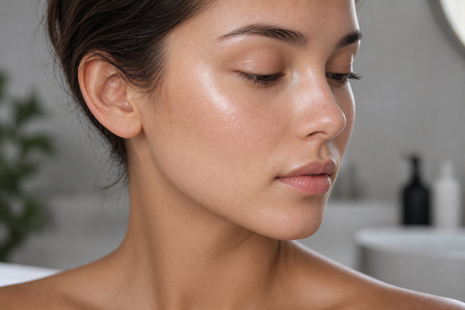 Close-up of facial skin with a smooth, healthy-looking glow in soft lighting