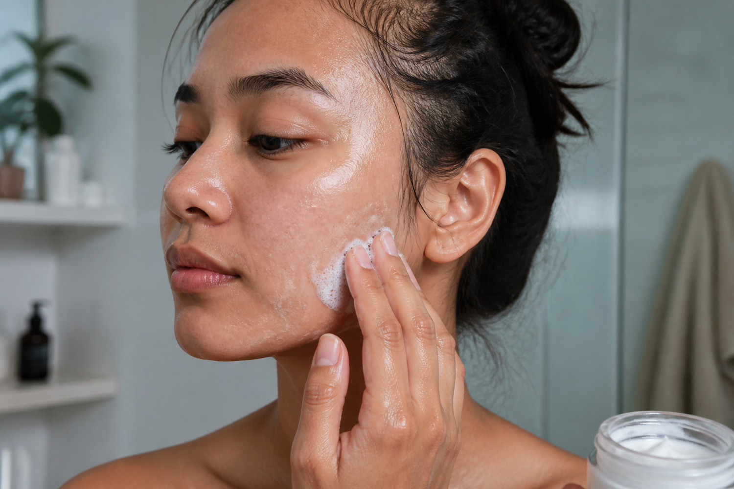 Person applying a gentle skincare routine for oily skin in a bathroom